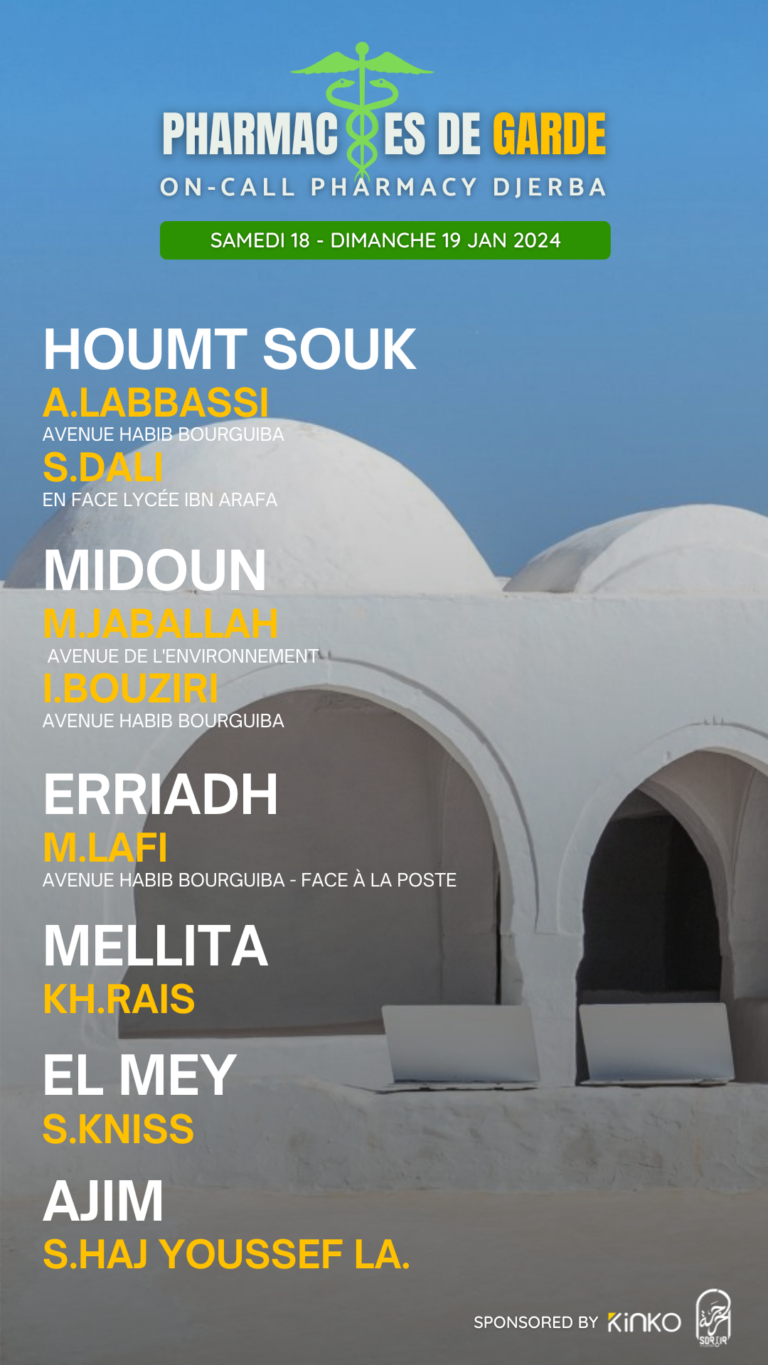 Les Pharmacies de garde à Djerba du Sam 18 & Dim 19 janvier 2025