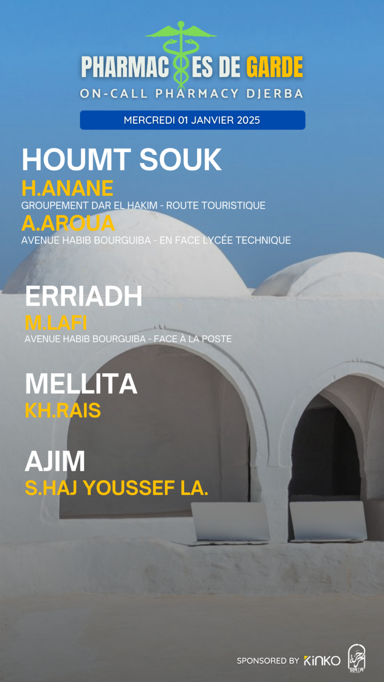 Les Pharmacies de garde à Djerba du Mar 01 janvier 2025