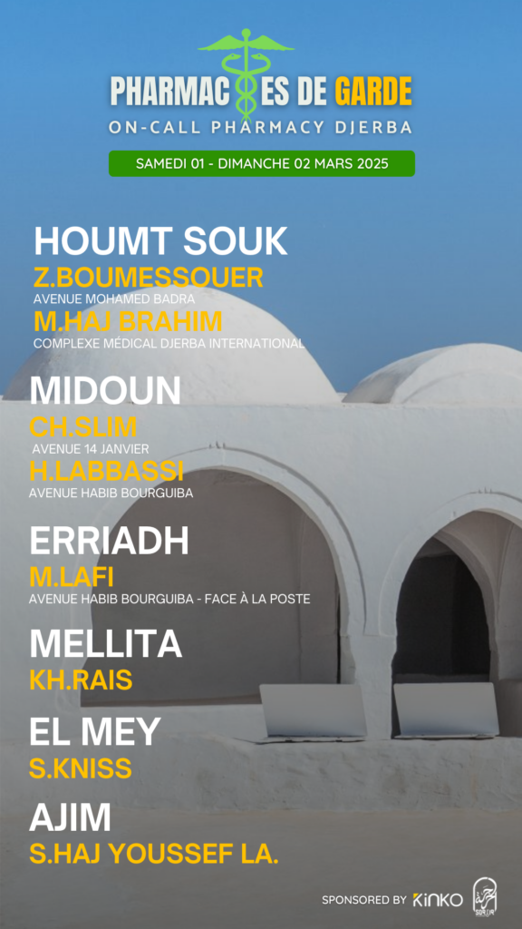 Les Pharmacies de garde à Djerba du Sam 01 & Dim 02 mars 2025