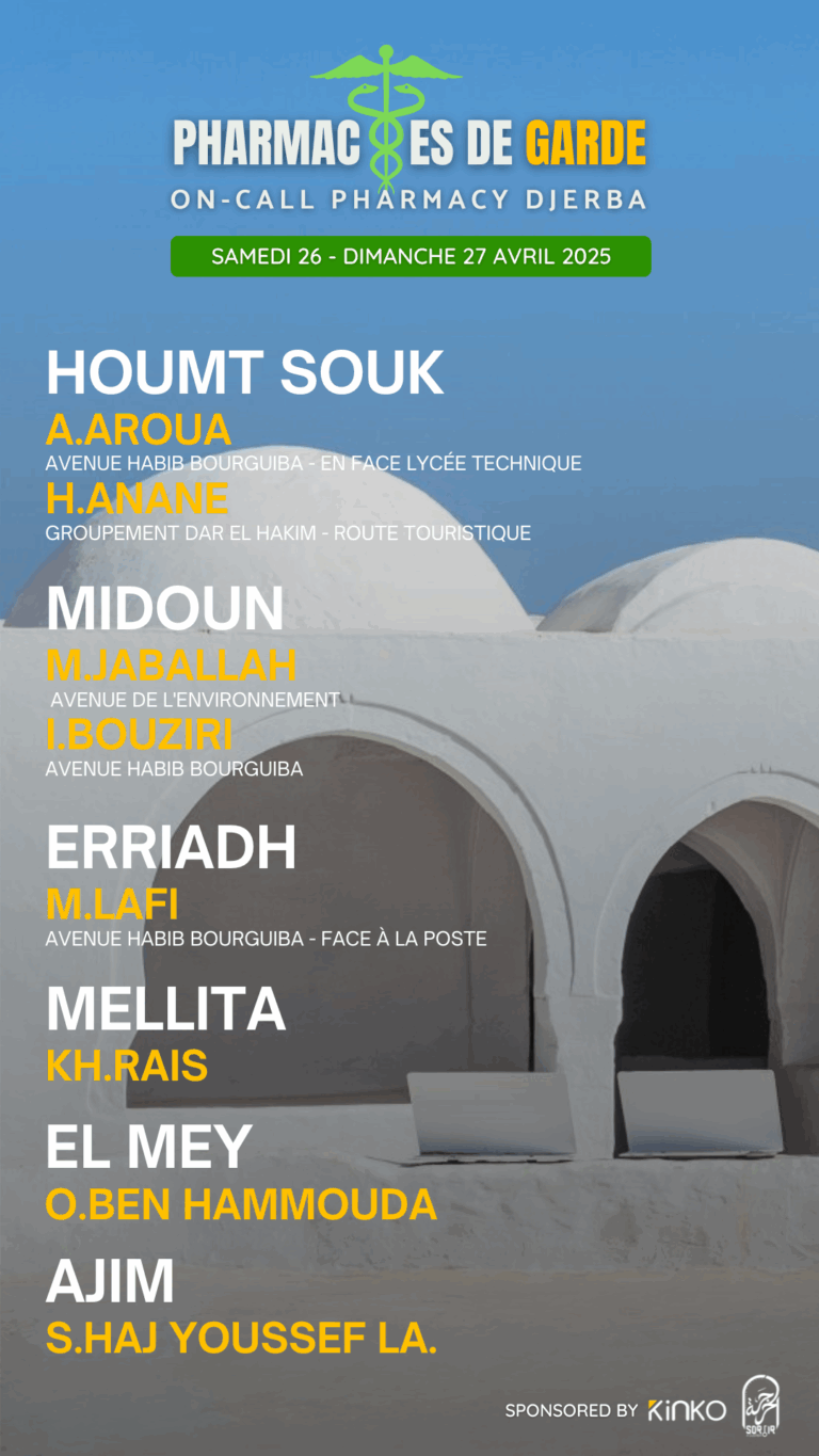 Les Pharmacies de garde à Djerba du Sam 26 & Dim 27 avril 2025