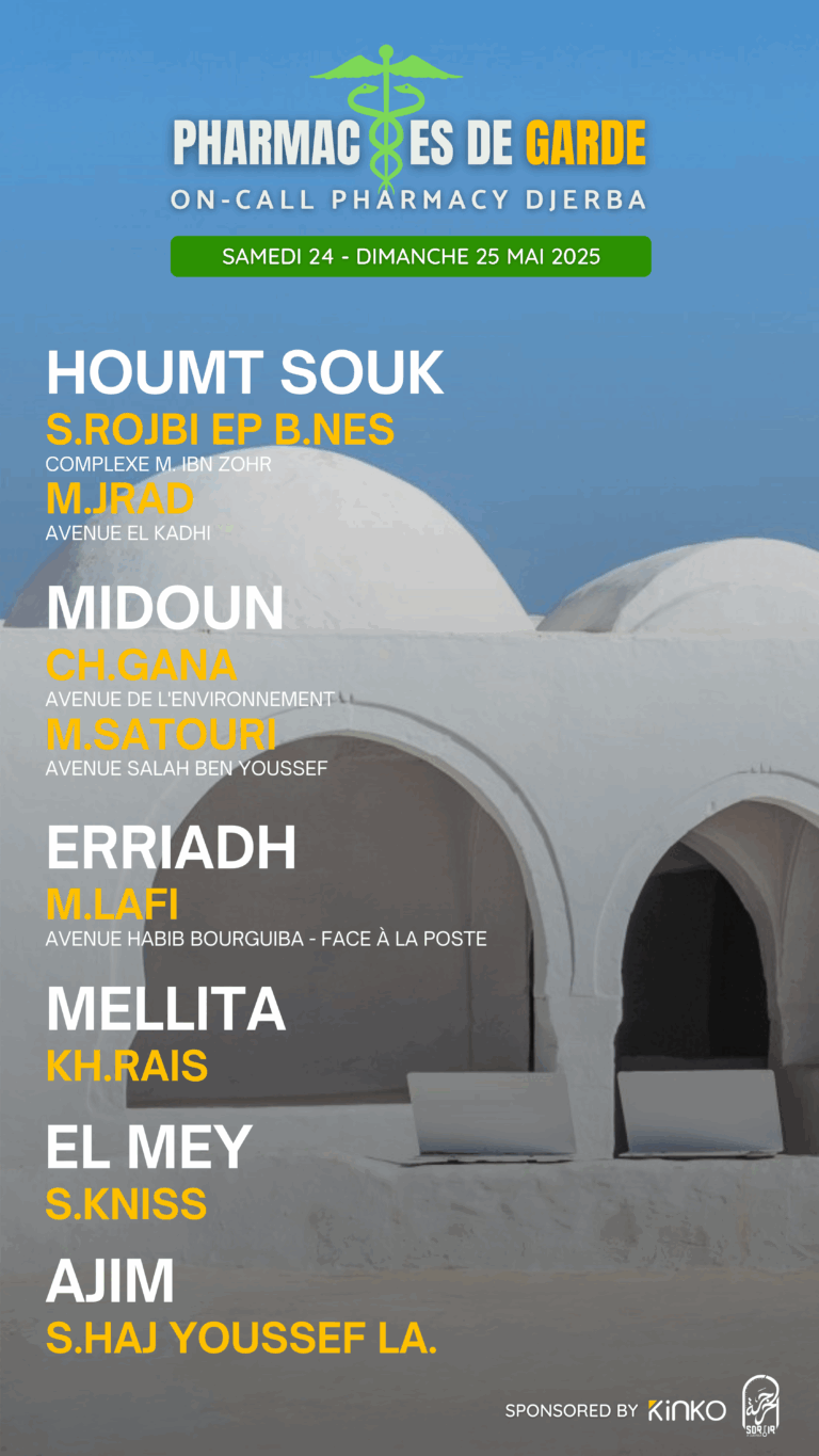 Les Pharmacies de garde à Djerba du Sam 24 & Dim 25 mai 2025
