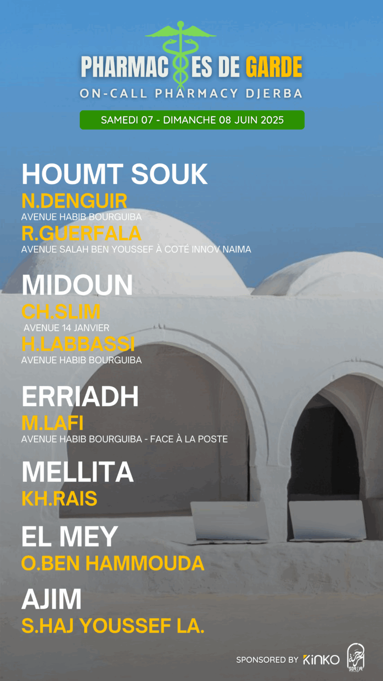 Les Pharmacies de garde à Djerba du Sam 07 & Dim 08 juin 2025