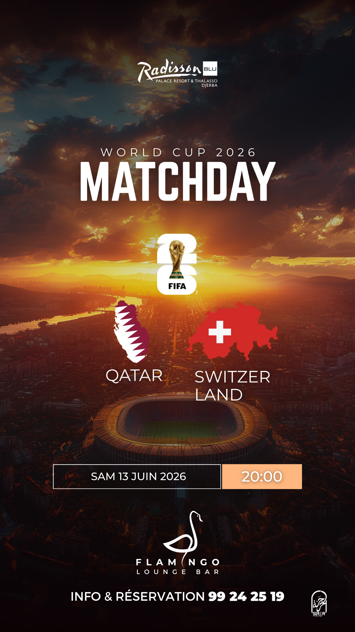 Flamingo Lounge Bar Radisson Blu Djerba : Qatar vs Suisse - Coupe du monde 2026