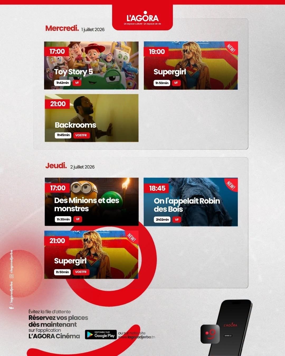Le programme du mer 01 & jeu 02 juillet 2026 à l’Agora Djerba