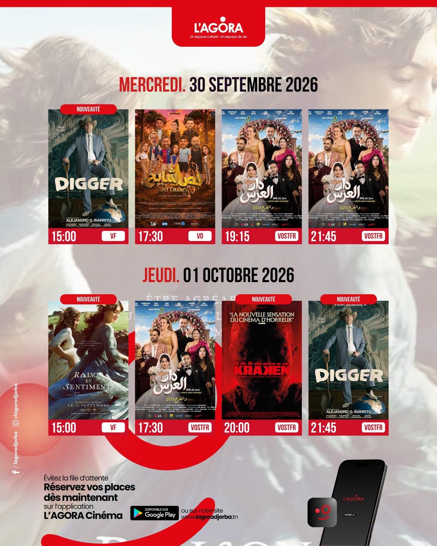 Le programme du mer 30 sep & jeu 01 oct 2026 à l’Agora Djerba