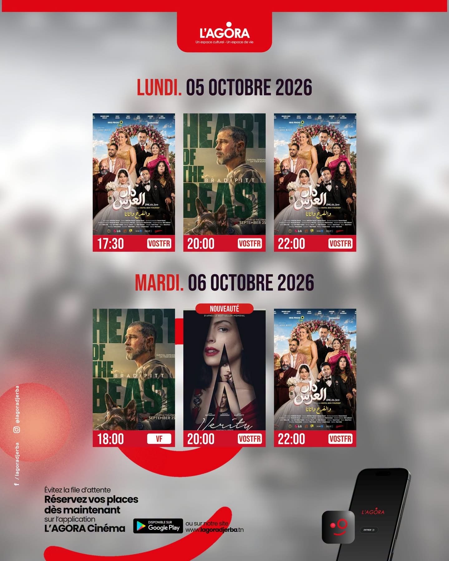 Le programme du lun 05 & mar 06 octobre 2026 à l’Agora Djerba